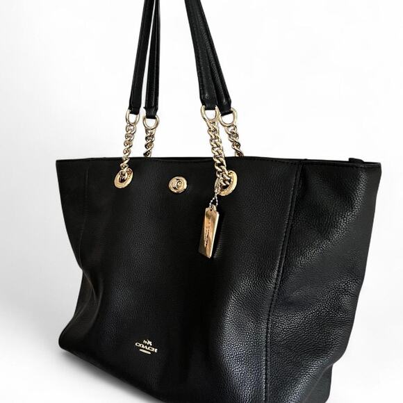Coach Turnlock Black Pebbled Leather Tote Bag Gold Chain Handles Large Shoulder - Picture 2 of 8